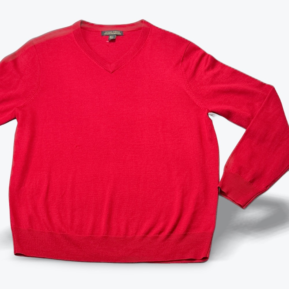 Ethan Pierce‎ Mens Large Red 100% Extra Fine Merino Wool V-Neck Sweater Knit L
